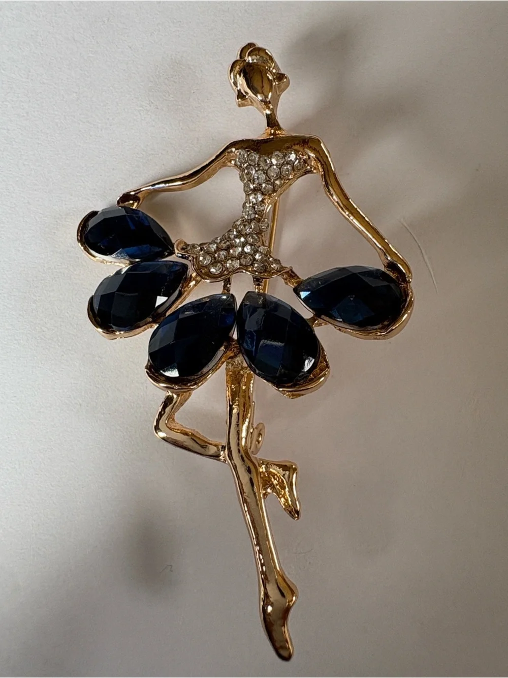 Gold-Tone Ballerina Brooch with Navy Crystal Accents